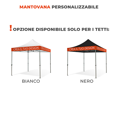 Gazebo 3x3 con mantovana personalizzata applicabile su tetti bianchi o neri, opzione esclusiva