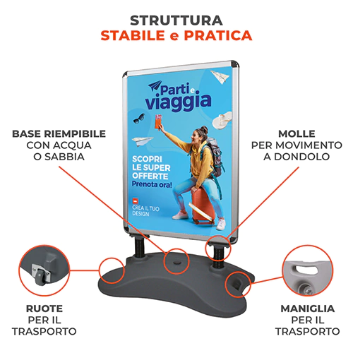 Espositore antivento Zavor con base riempibile, molle anti-vento, maniglia e ruote per una struttura