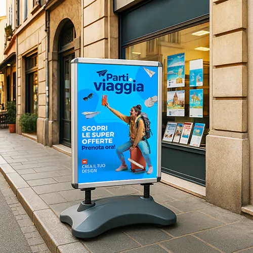 Espositore bifacciale da esterno Zavor su marciapiede davanti a vetrina, ideale per promozioni in co