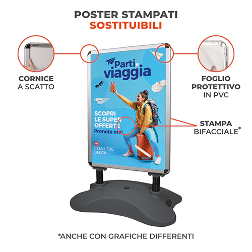 Espositore da esterno Zavor con stampa bifacciale sostituibile, cornice a scatto e foglio protettivo