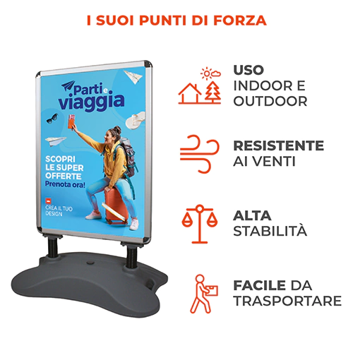 Vantaggi espositore Zavor: uso esterno e interno, alta stabilità, resistente al vento, trasportabile