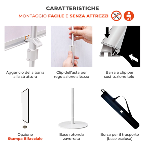 Dettagli tecnici del totem telescopico in tessuto con base zavorrata e montaggio senza attrezzi