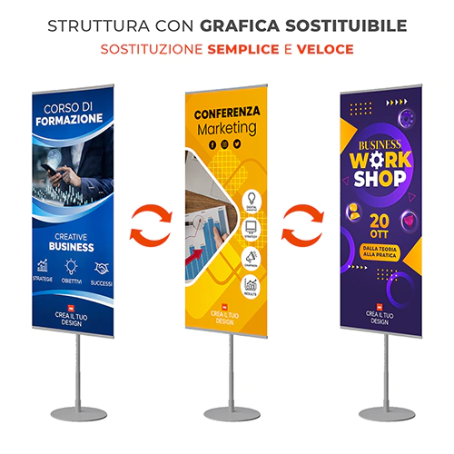 Totem telescopico con tre esempi di grafiche intercambiabili per eventi e conferenze