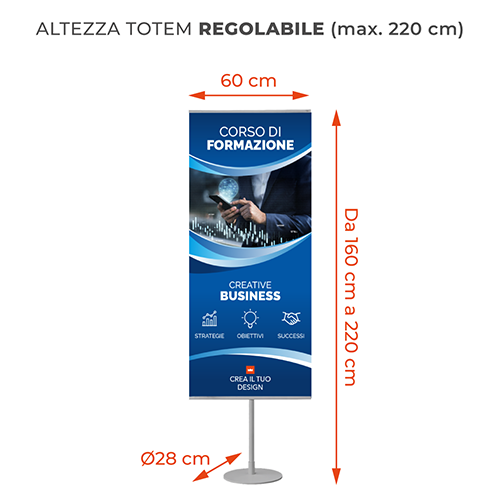 Totem pubblicitario con altezza regolabile da 160 a 220 cm e base rotonda da 28 cm