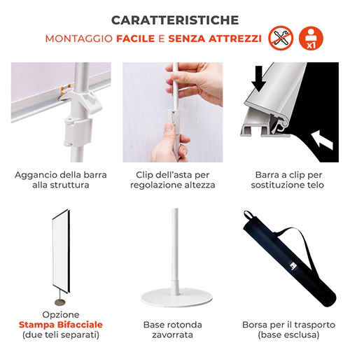 Dettagli tecnici del totem telescopico in tessuto con base zavorrata e montaggio senza attrezzi