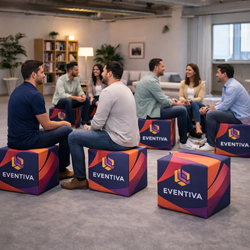 Pouf cubo personalizzati utilizzati come sedute brandizzate durante evento aziendale