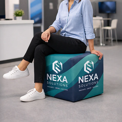 Seduta su pouf cubo personalizzato con logo aziendale in ambiente fieristico