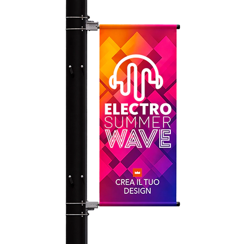 Bandiera per lampioni con struttura da palo e telo stampato per pubblicità urbana
