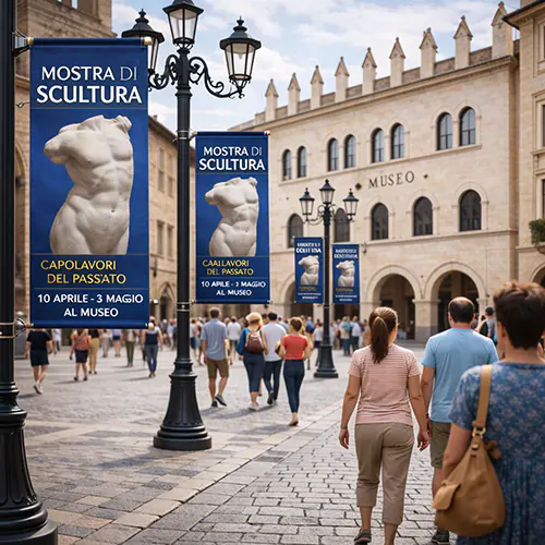 Bandiera pubblicitari su lampioni utilizzati per promuovere una mostra d’arte in centro città