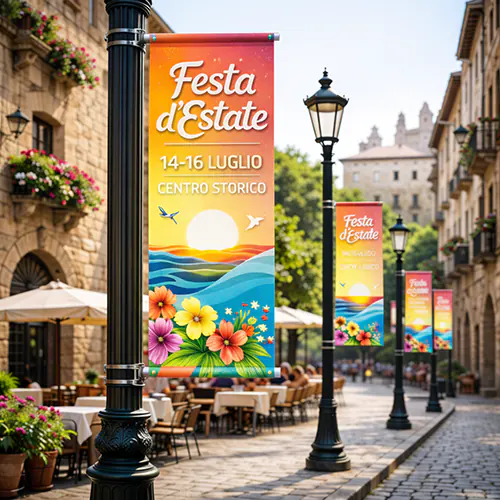 Striscione pubblicitario verticale su pali luce utilizzati per promuovere festival ed eventi urbani