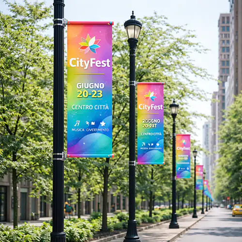 Serie di banner verticali su lampioni lungo un viale cittadino per comunicazione urbana