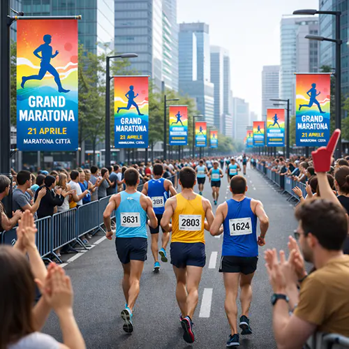 Banner per lampioni installati lungo il percorso di una maratona cittadina per promozione evento