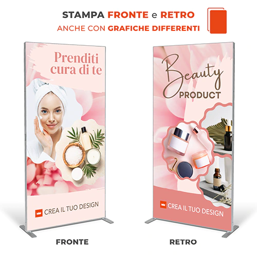 Totem Easy Frame bifacciale con stampa personalizzata fronte e retro anche con grafiche differenti.
