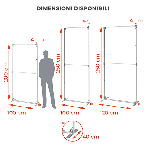 Formati disponibili del Totem Easy Frame per scegliere la dimensione più adatta agli spazi espositivi.