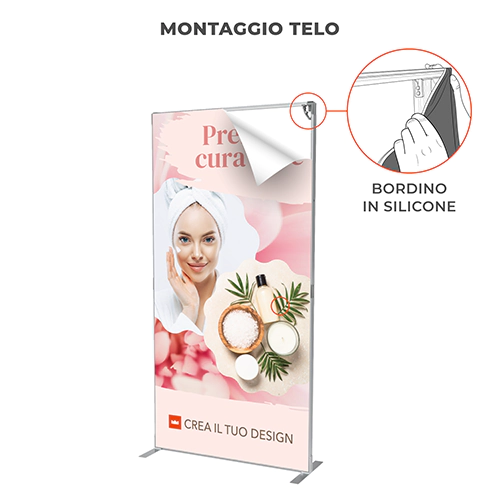 Applicazione del telo stampato con bordino in silicone sulla struttura del Totem Easy Frame.