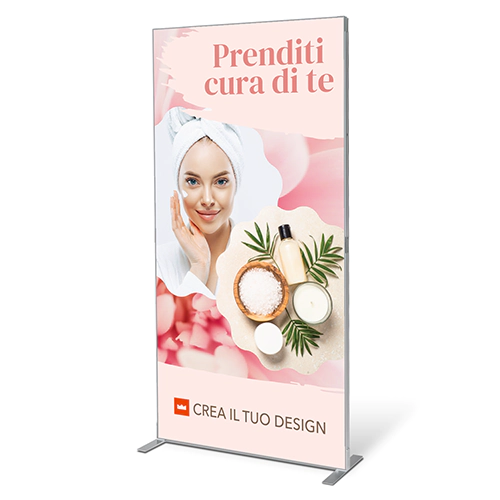 Totem Easy Frame personalizzato con grafica in tessuto e struttura monoblocco in alluminio.
