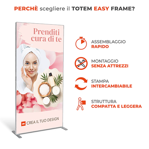 Totem Easy Frame con struttura preassemblata, stampa intercambiabile e montaggio senza attrezzi.