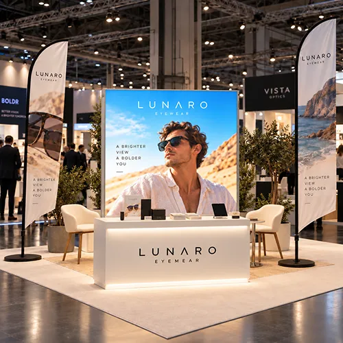 TOTEM LED 2x2 con grafica luminosa per occhiali, inserito in uno stand fieristico con banco espositivo e bandiere