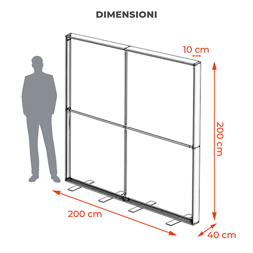 Schema dimensionale del TOTEM LED 2x2 con larghezza e altezza di circa 200 cm, profondità 40 cm e profilo da 10 cm