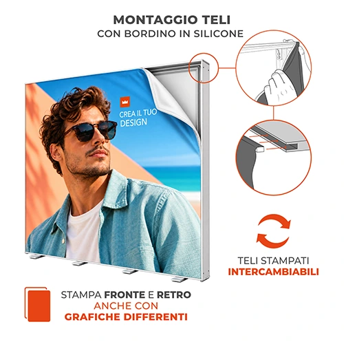 Applicazione del telo stampato sul TOTEM LED 2x2 tramite bordino SEG, con grafiche intercambiabili fronte e retro