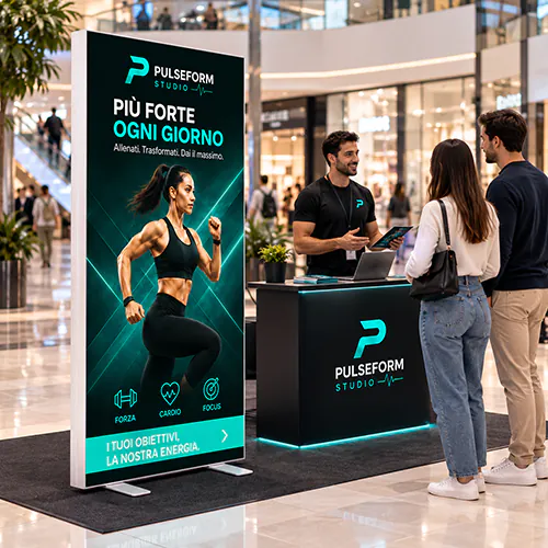 Totem Led Basic utilizzato come struttura luminosa verticale in uno spazio promozionale all'interno di un centro commerciale