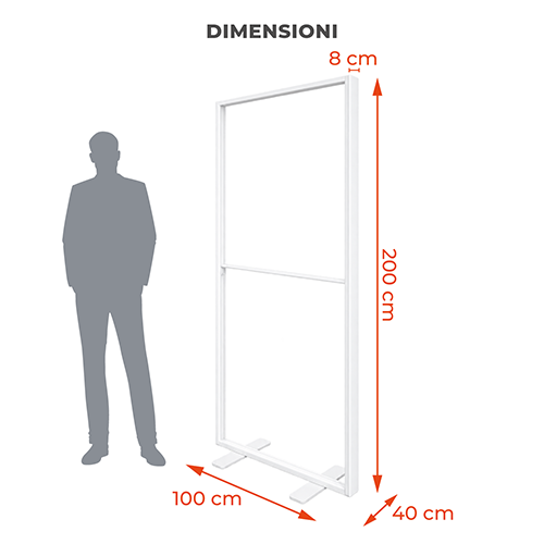 Dimensioni di Totem Led Basic: struttura alta 200 cm, larga 100 cm, profonda 40 cm con profilo da 8 cm