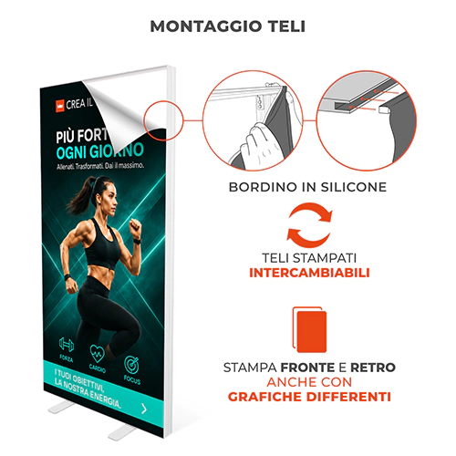 Applicazione della grafica SEG con bordino in silicone su Totem Led Basic, con teli intercambiabili fronte e retro