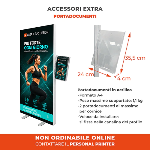 Portadocumenti A4 in acrilico applicato al profilo di Totem Led Basic, accessorio opzionale per brochure