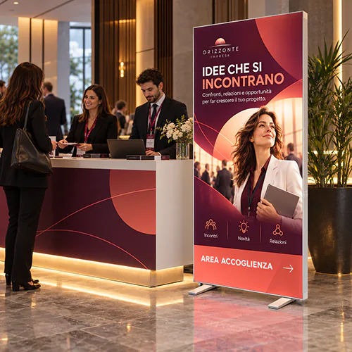 Totem Led Easy bifacciale con grafica promozionale, posizionato accanto al banco accoglienza di un evento.