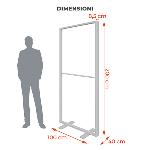 Disegno tecnico del Totem Led Easy con struttura alta 200 cm, larga 100 cm, profilo da 8,5 cm e profondità di 40 cm.