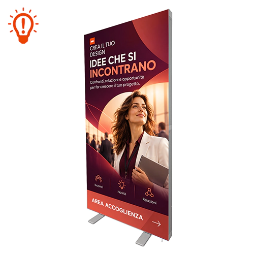 Totem Led Easy luminoso bifacciale con grafica personalizzata per area accoglienza, struttura in alluminio e due piedini.