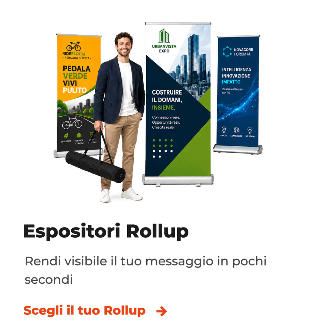 Espositori rollup personalizzati con banner per eventi e presentazioni