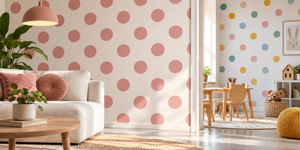 Carta da parati a pois rosa in soggiorno e multicolore in uno spazio dedicato ai bambini