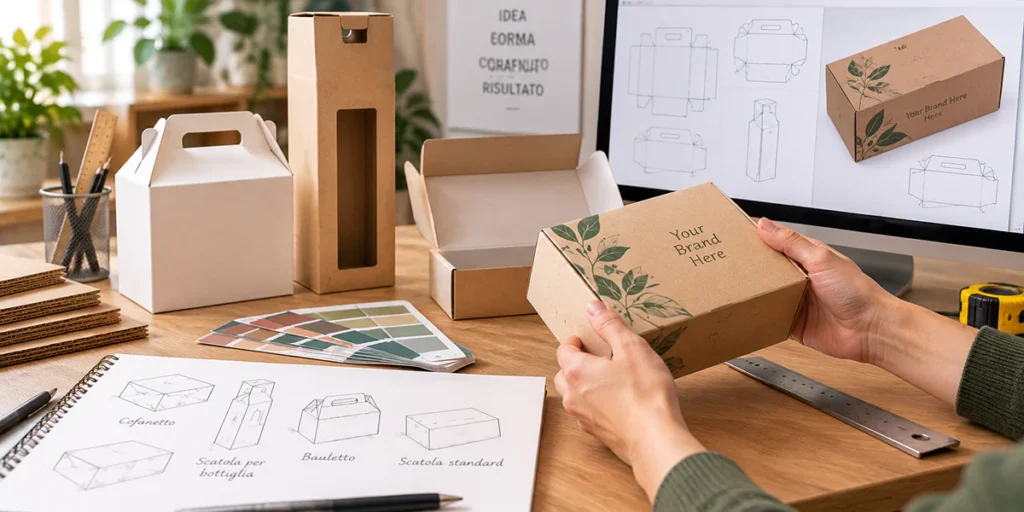Progettazione di una scatola in cartone personalizzata con prototipi, forme, campioni colore e grafica
