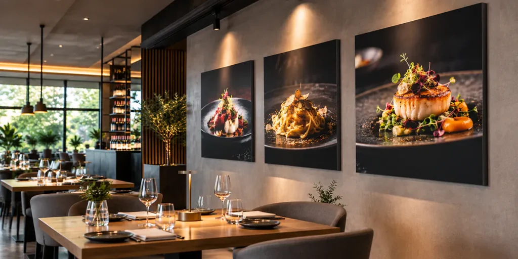 Pannelli fotografici con immagini di piatti gourmet esposti sulla parete di un ristorante moderno