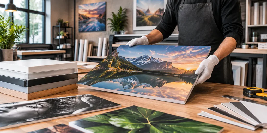 Pannelli fotografici con immagini di piatti gourmet esposti sulla parete di un ristorante moderno