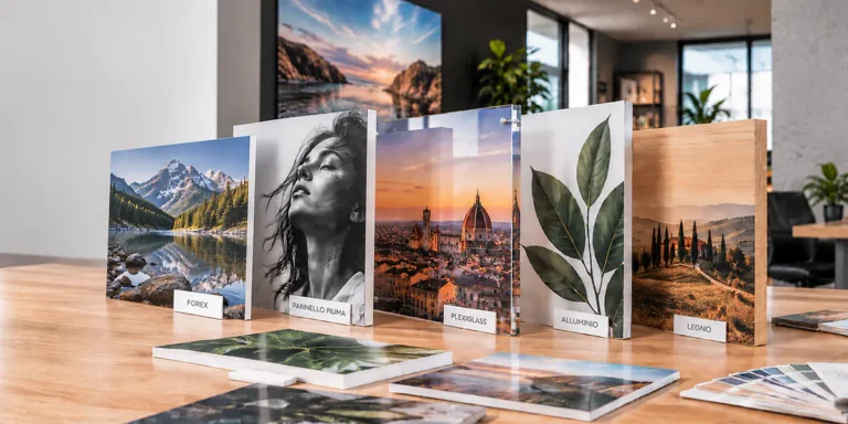 Stampe fotografiche su pannelli in Forex, pannello piuma, plexiglass, alluminio e legno esposte in uno showroom