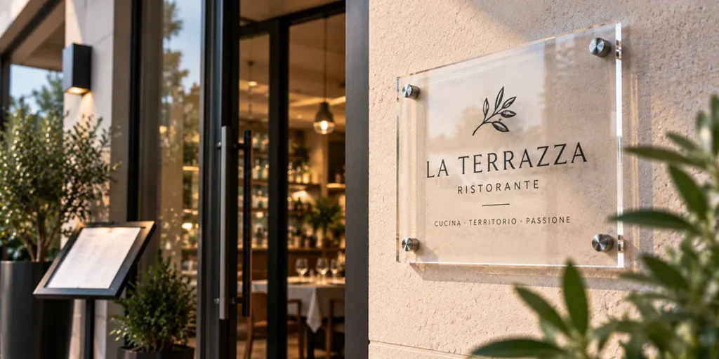 Targa in plexiglass personalizzata con nome e logo installata sulla parete esterna all'ingresso di un ristorante