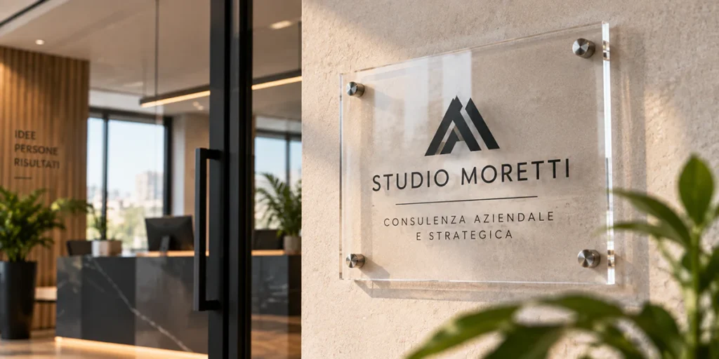 Targa in plexiglass trasparente con logo e nome aziendale installata all'ingresso di uno studio professionale