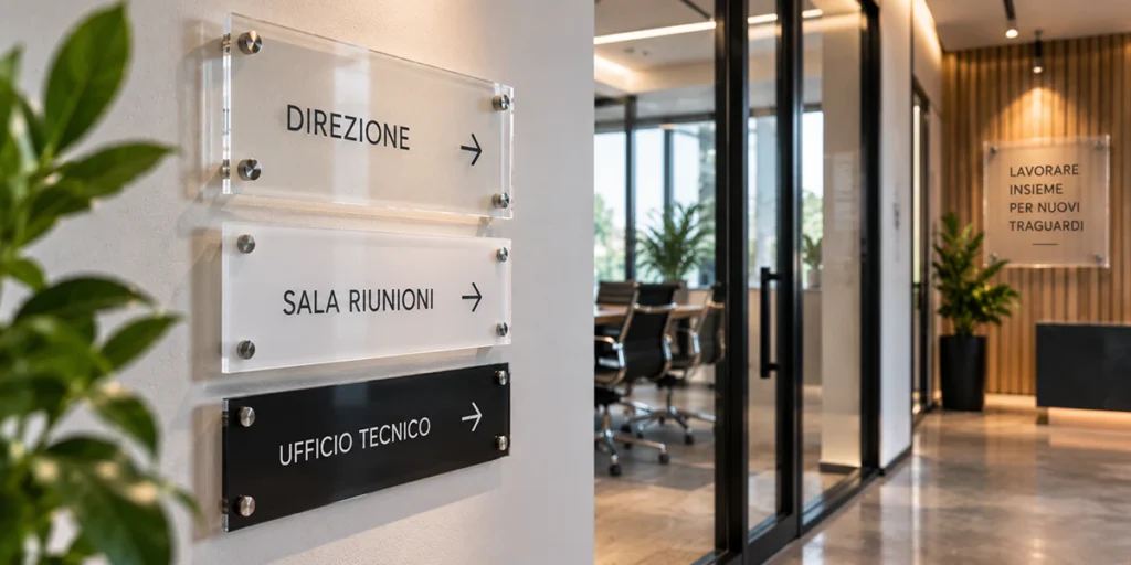Targhe in plexiglass per indicare direzione, sala riunioni e ufficio tecnico negli spazi interni di un'azienda