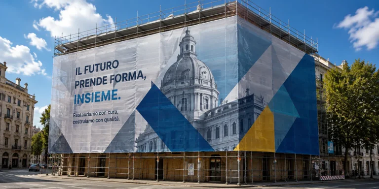 Grande telo microforato stampato applicato al ponteggio di un edificio in ristrutturazione