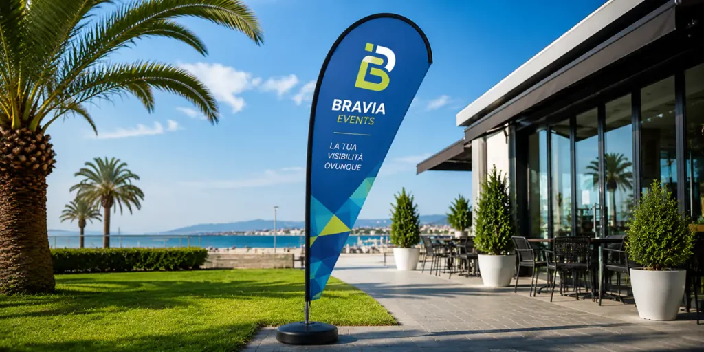 Bandiera a goccia personalizzata installata all’esterno di un’attività commerciale