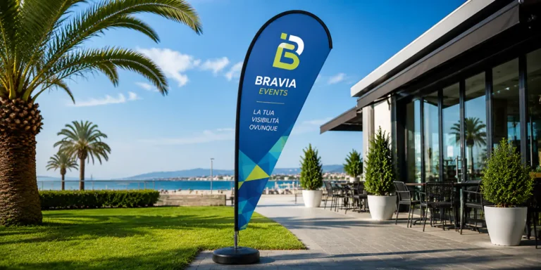 Bandiera a goccia personalizzata installata all’esterno di un’attività commerciale