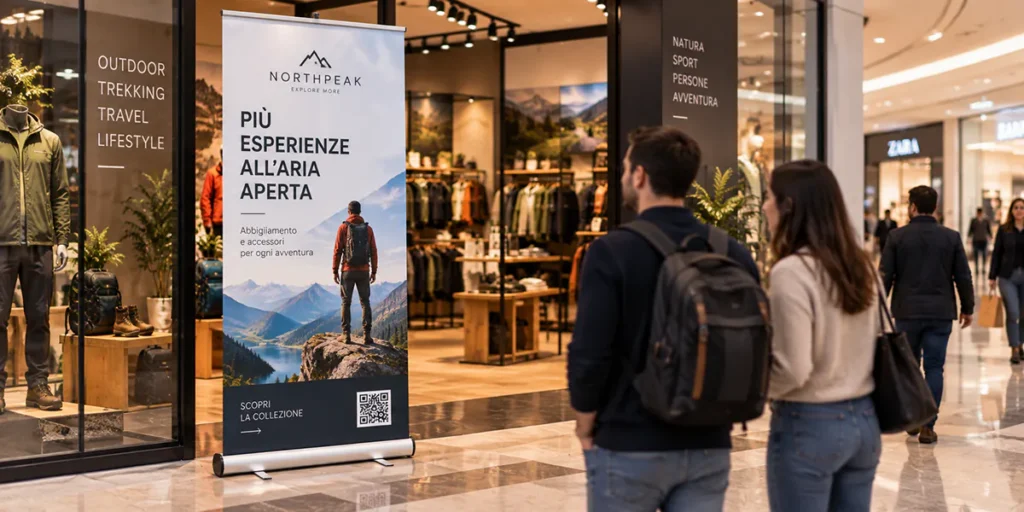 Roll-up con immagine, messaggio promozionale e QR code collocato davanti a un negozio in un centro commerciale