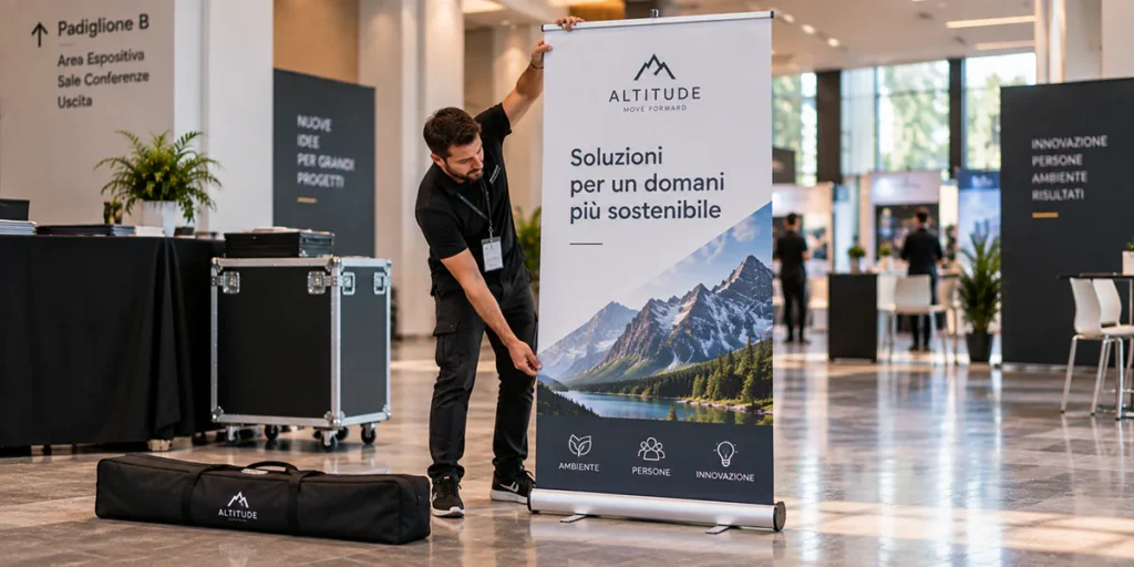 Allestitore monta un roll-up pubblicitario in uno spazio espositivo con custodia da trasporto pronta a terra