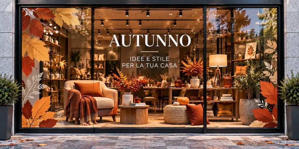 Vetrina autunnale di un negozio home design con arredi, decorazioni e palette stagionale coordinata