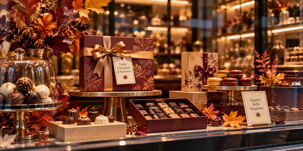 Prodotti di cioccolateria in primo piano con allestimento nei toni bordeaux, ocra e crema