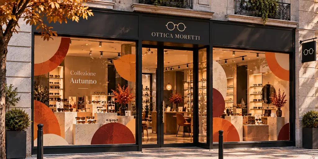 Negozio di ottica con vetrofanie geometriche autunnali che lasciano visibili prodotti e interno