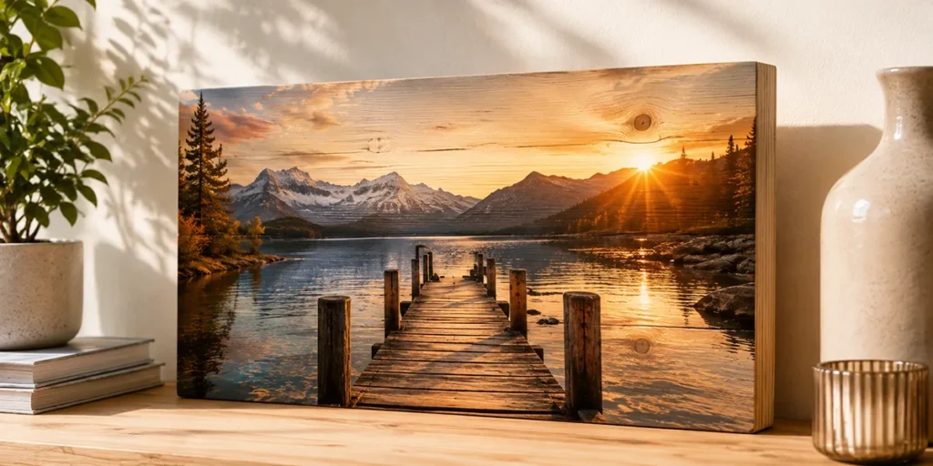 Fotografia di un paesaggio stampata su pannello di legno ed esposta come complemento d’arredo