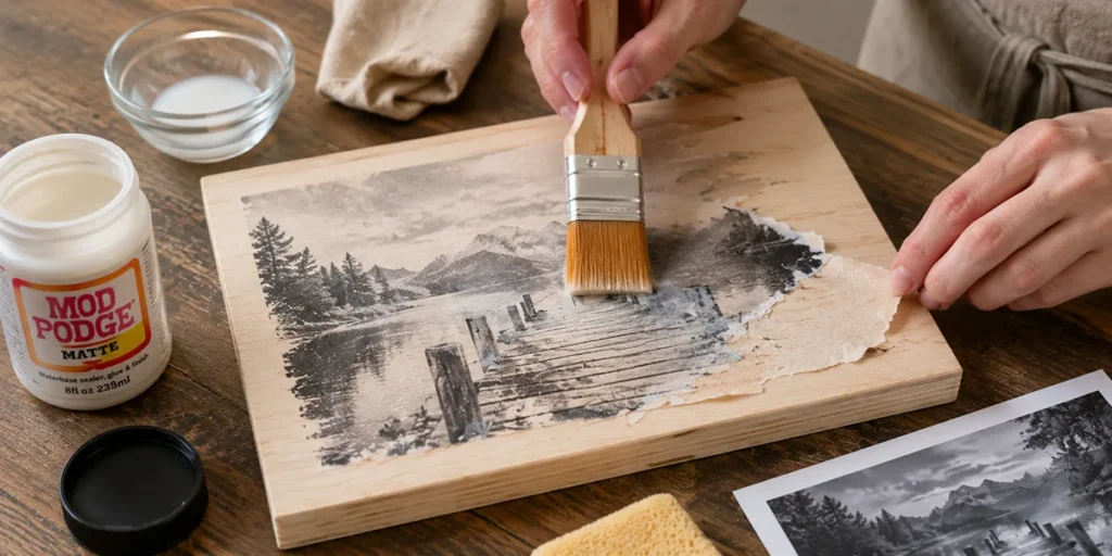Trasferimento fai da te di una fotografia su un pannello di legno con pennello e colla